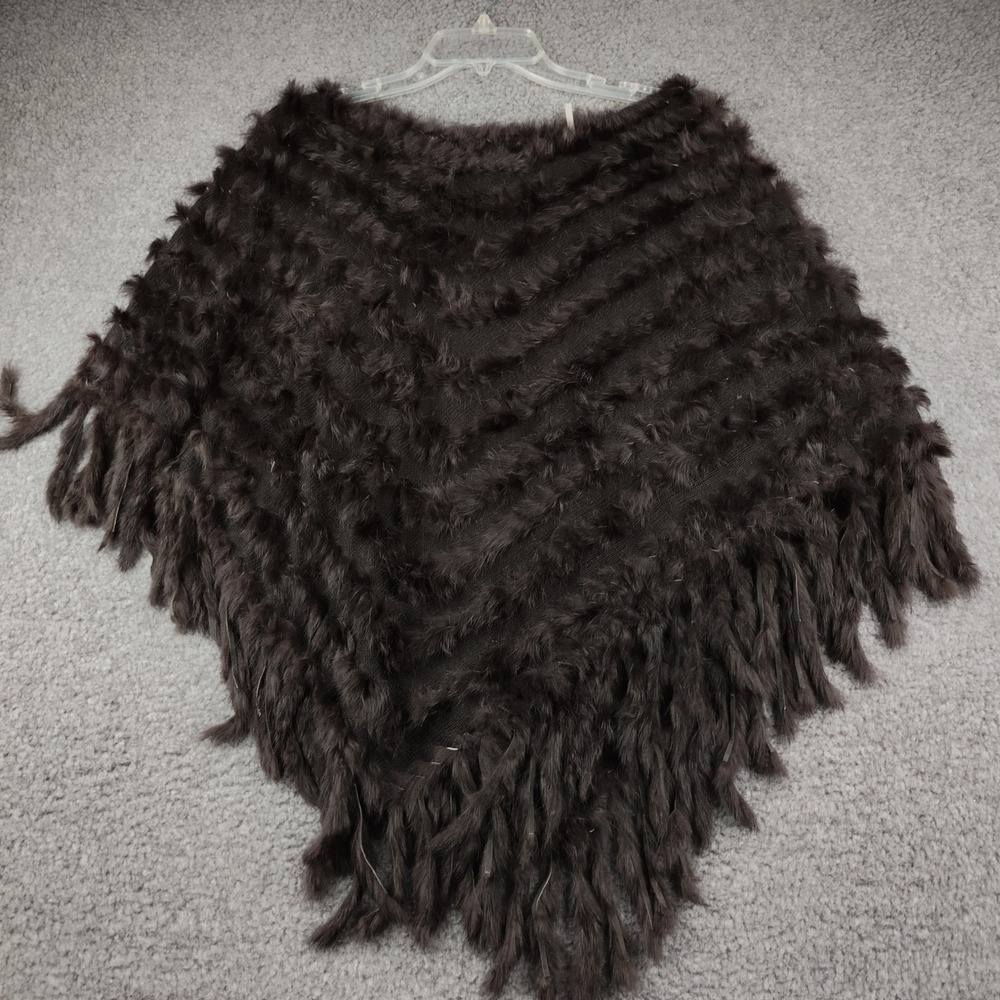 Metric Knits Fur Collection Poncho Womens L/XL Brown Rabbit Fur Fringe EUC